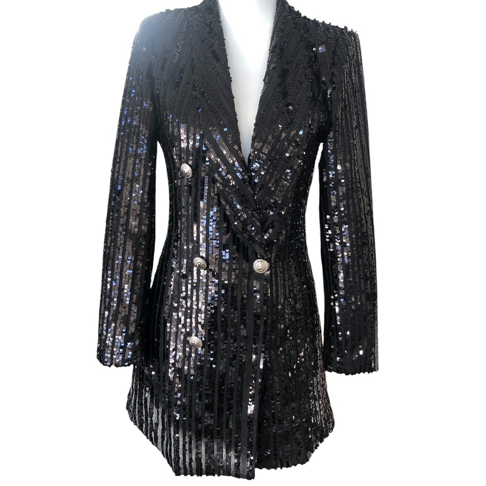 Peekskill Double Breasted Black Sequin New Years Party‎ Slim Fit Suit Jacket S